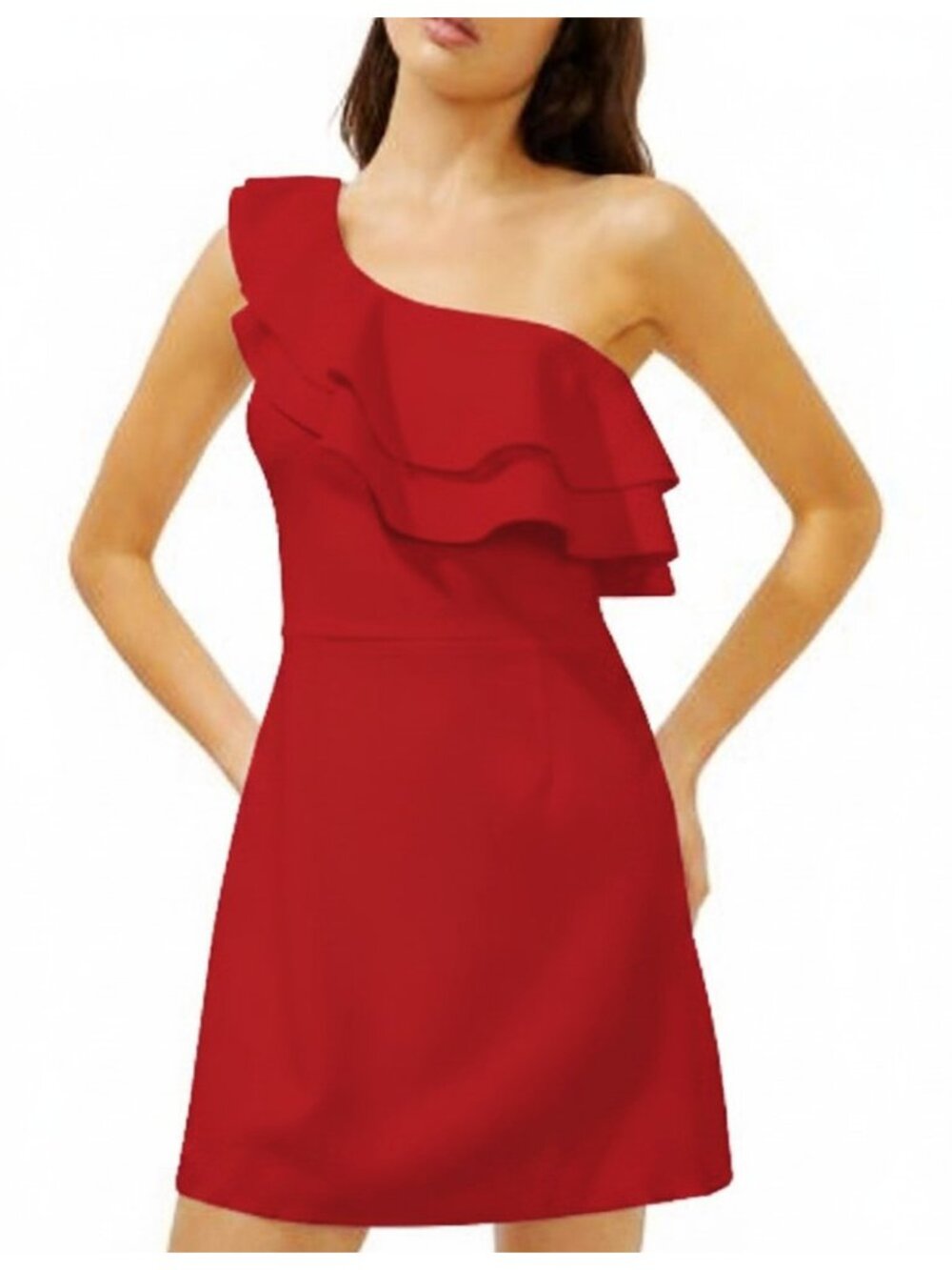 French Connection True Red Stretchy One-Shoulder Ruffle Vibrant Cocktail Dress